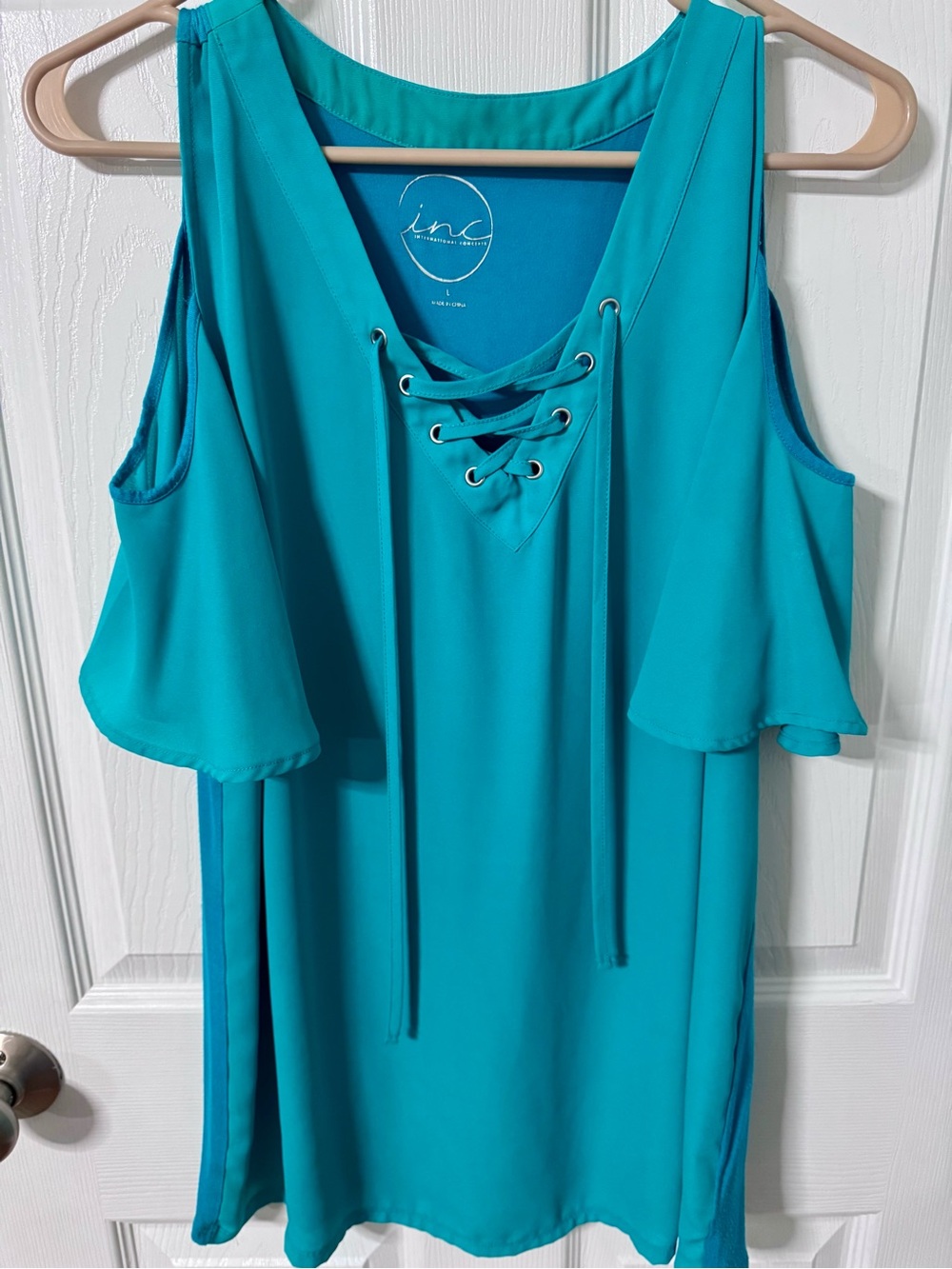 INC International Concepts Teal Lace-Up V-Neck Cold-Shoulder Top